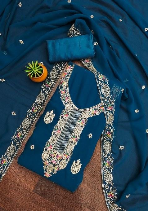 Teal Blue Embroidered Georgette Dress Material