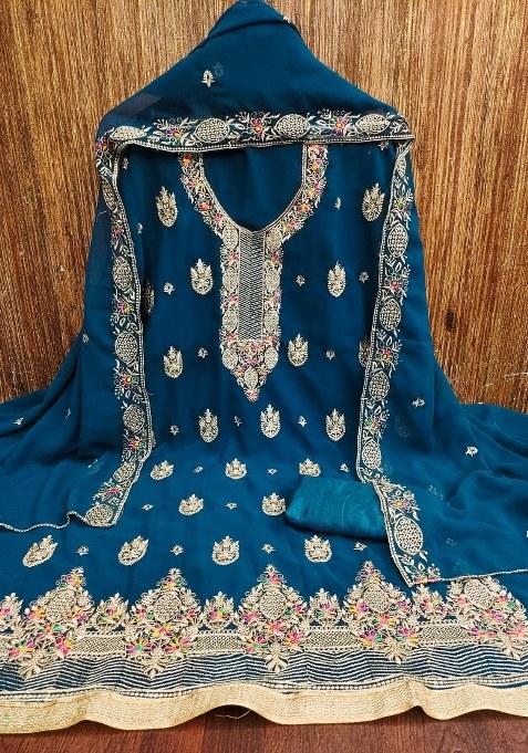 Teal Blue Embroidered Georgette Dress Material