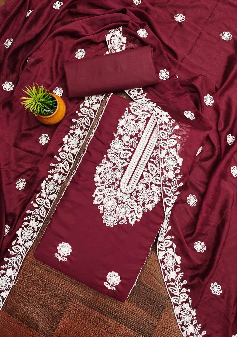 Maroon Embroidered Cotton Blend Dress Material - Indya