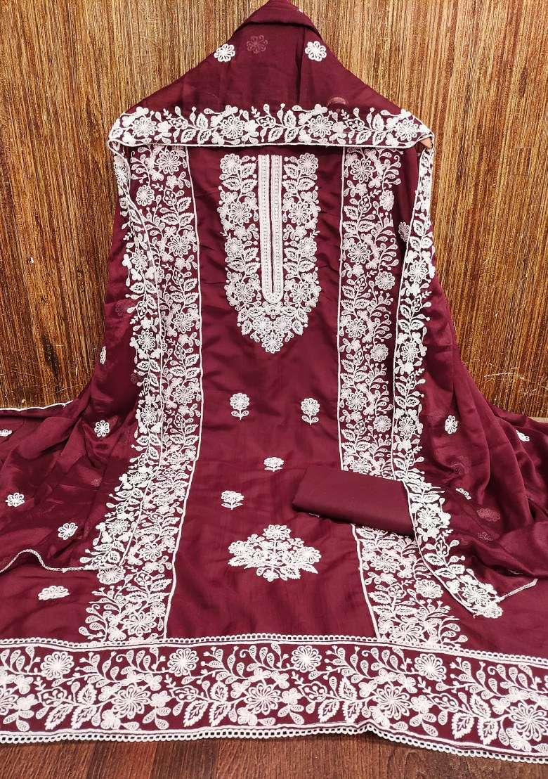Maroon Embroidered Cotton Blend Dress Material - Indya
