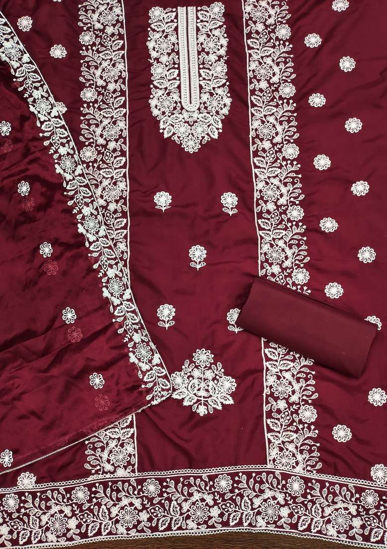 Maroon Embroidered Cotton Blend Dress Material - Indya