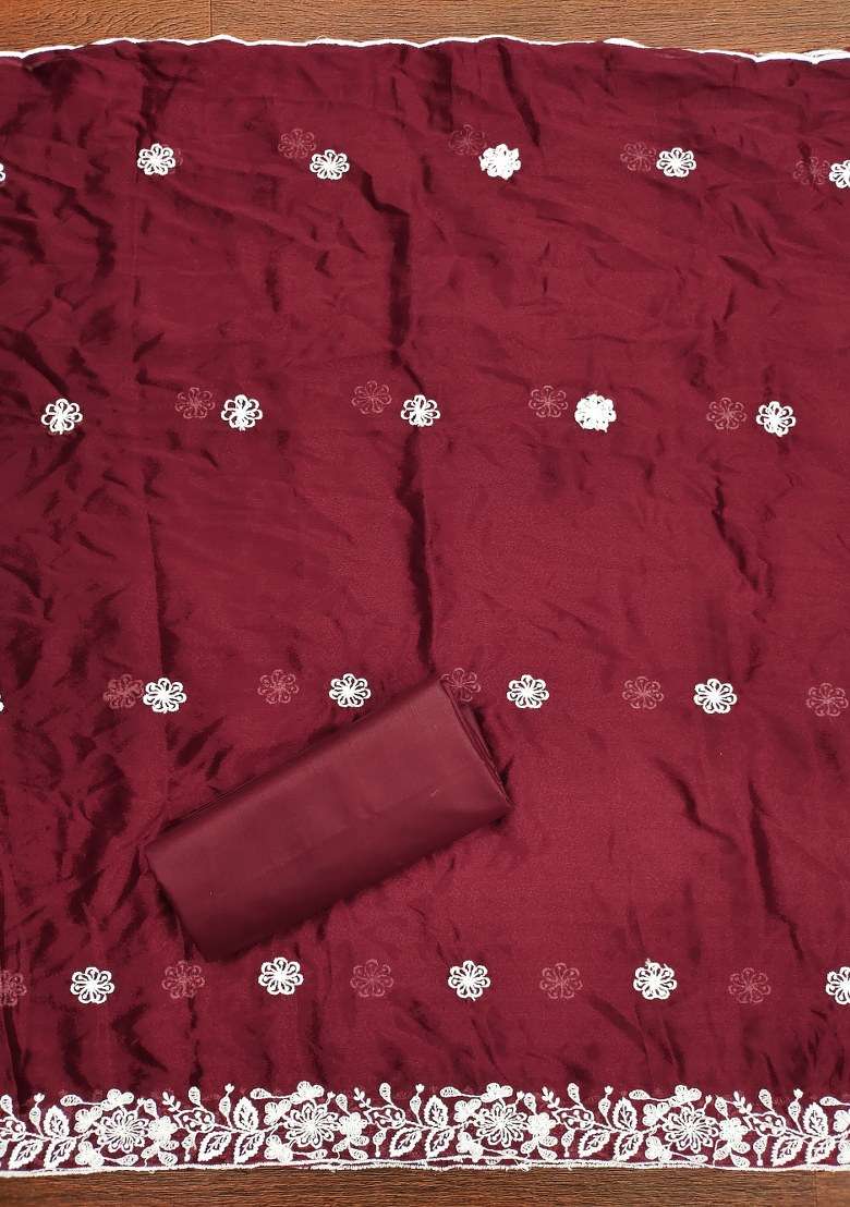 Maroon Embroidered Cotton Blend Dress Material - Indya