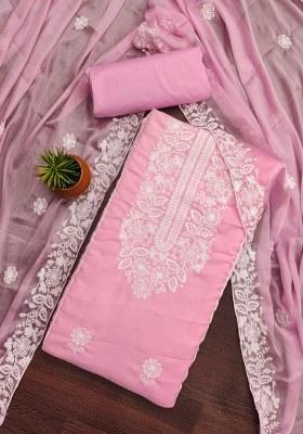 Pink Embroidered Cotton Blend Dress Material
