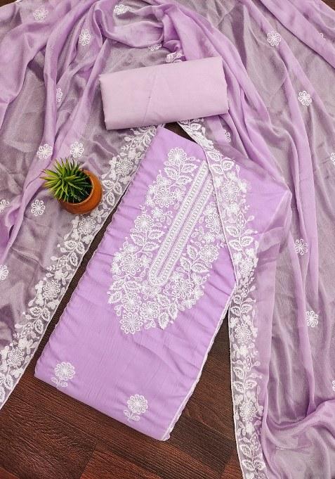 Purple Embroidered Cotton Blend Dress Material