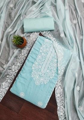 Sky Blue Embroidered Cotton Blend Dress Material