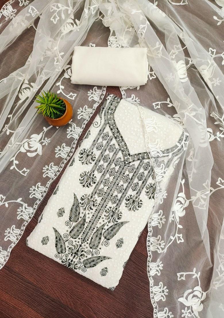 White Embroidered Georgette Dress Material