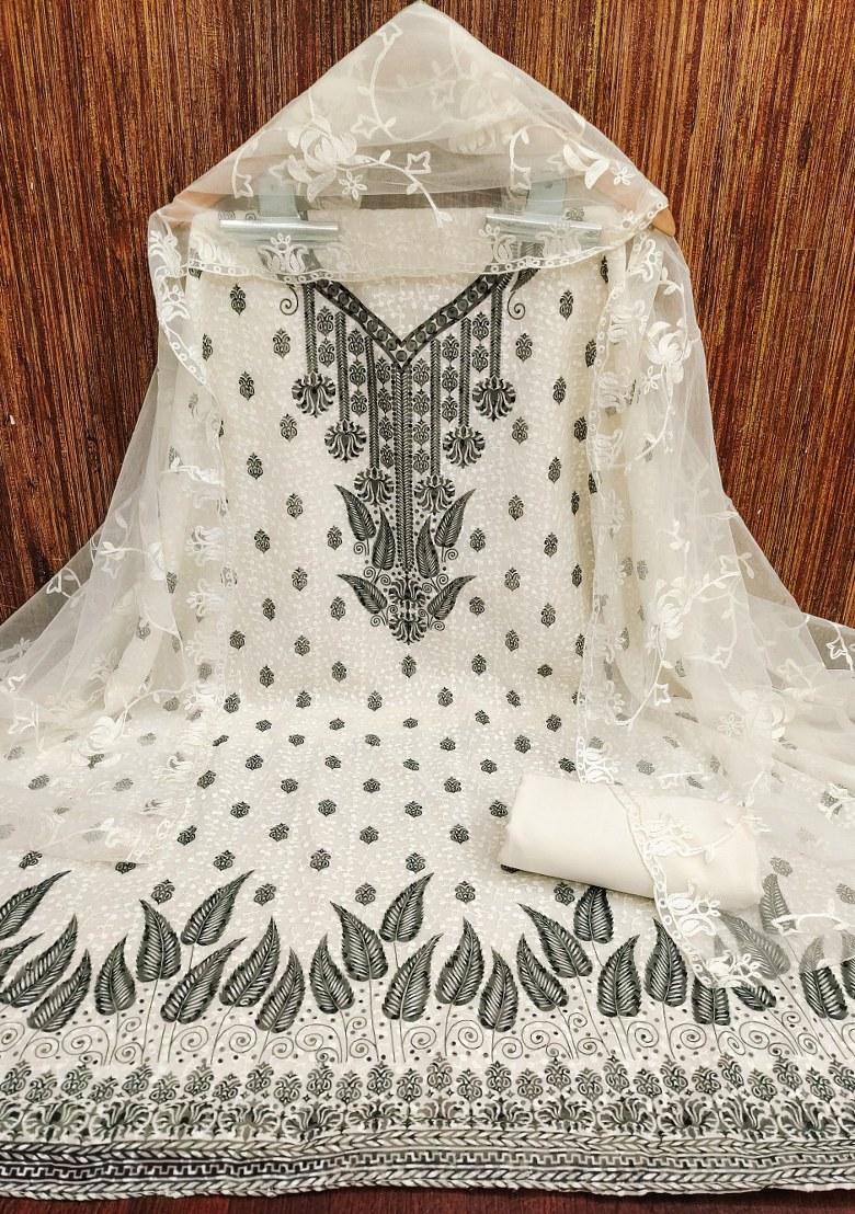 White Embroidered Georgette Dress Material