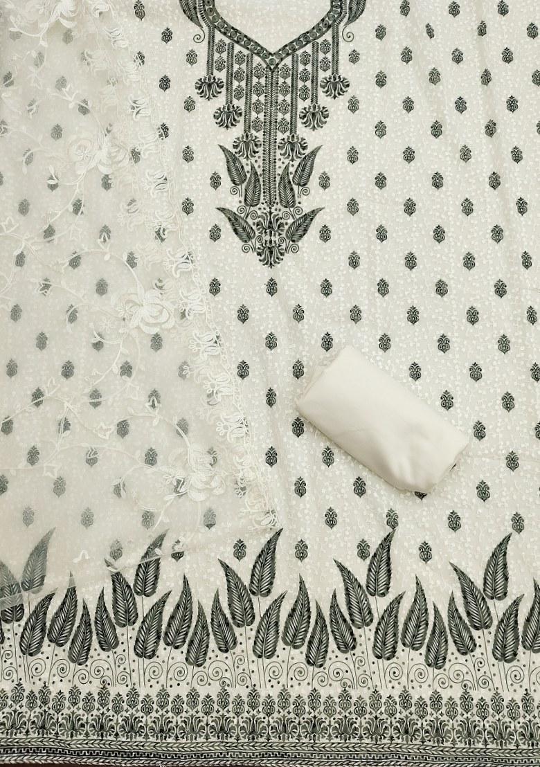 White Embroidered Georgette Dress Material