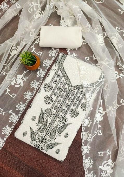 White Embroidered Georgette Dress Material