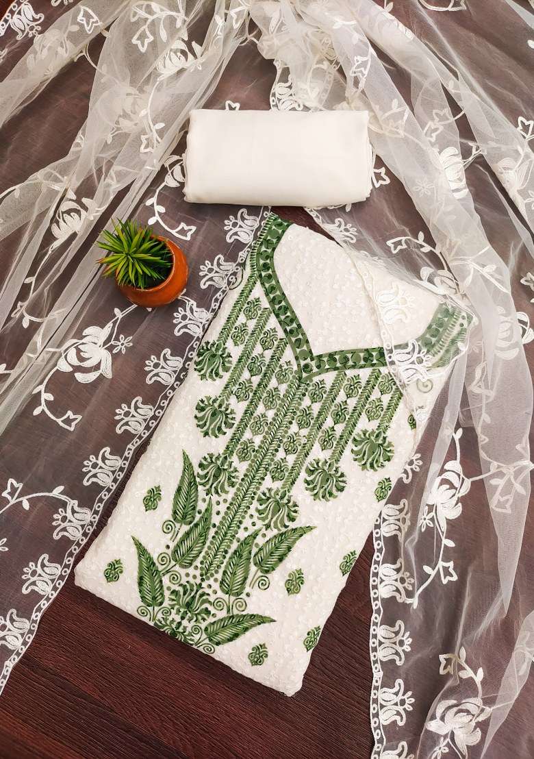 White Chikankari Georgette Straight Kurta Set - Indya