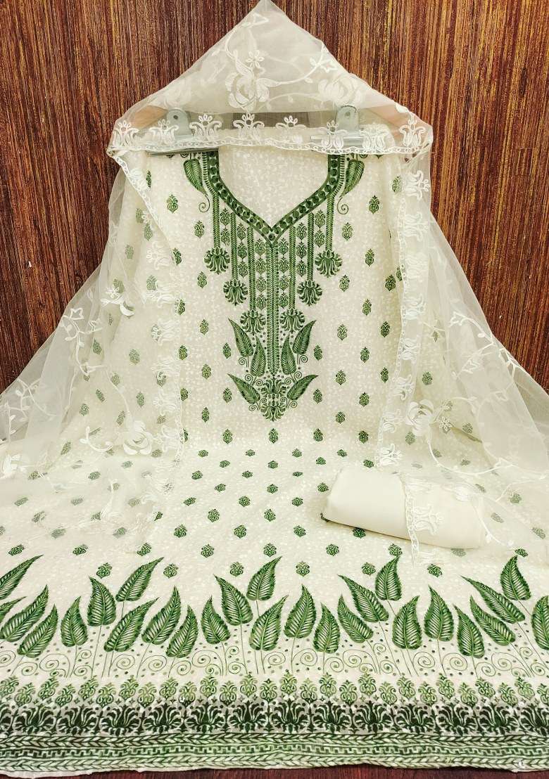 White Chikankari Georgette Straight Kurta Set - Indya