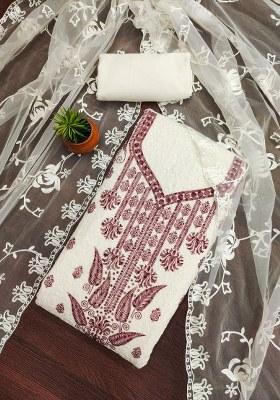White Embroidered Georgette Dress Material