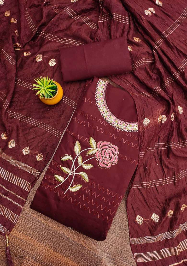 Maroon Embroidered Cotton Blend Dress Material - Indya