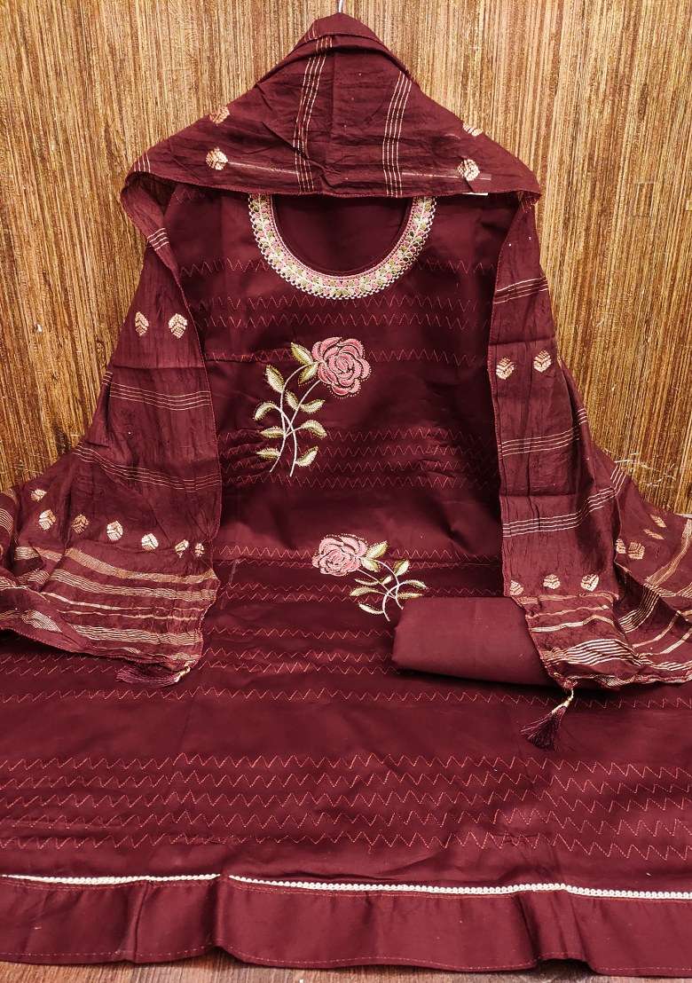 Maroon Embroidered Cotton Blend Dress Material - Indya