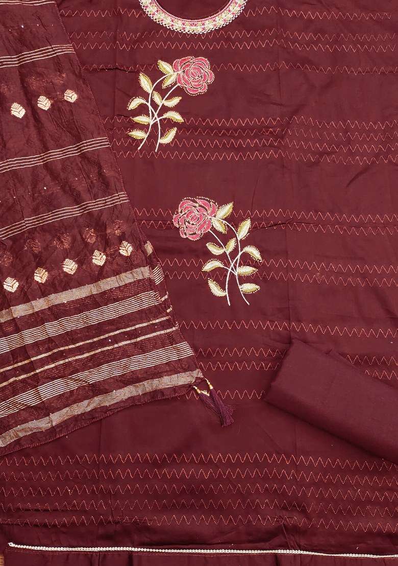 Maroon Embroidered Cotton Blend Dress Material - Indya