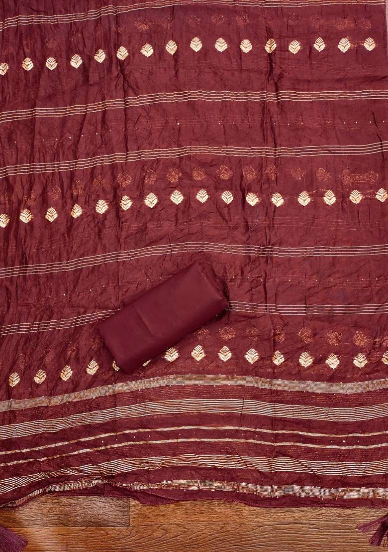 Maroon Embroidered Cotton Blend Dress Material - Indya