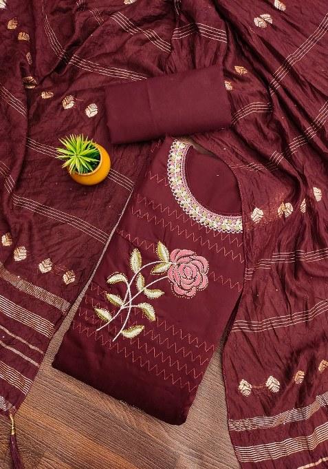 Maroon Embroidered Cotton Blend Dress Material