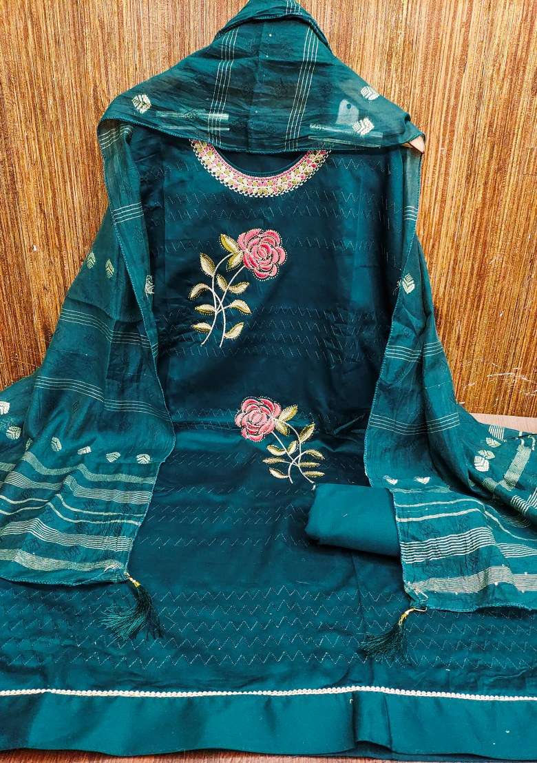 Teal Blue Embroidered Cotton Straight Kurta Set - Indya