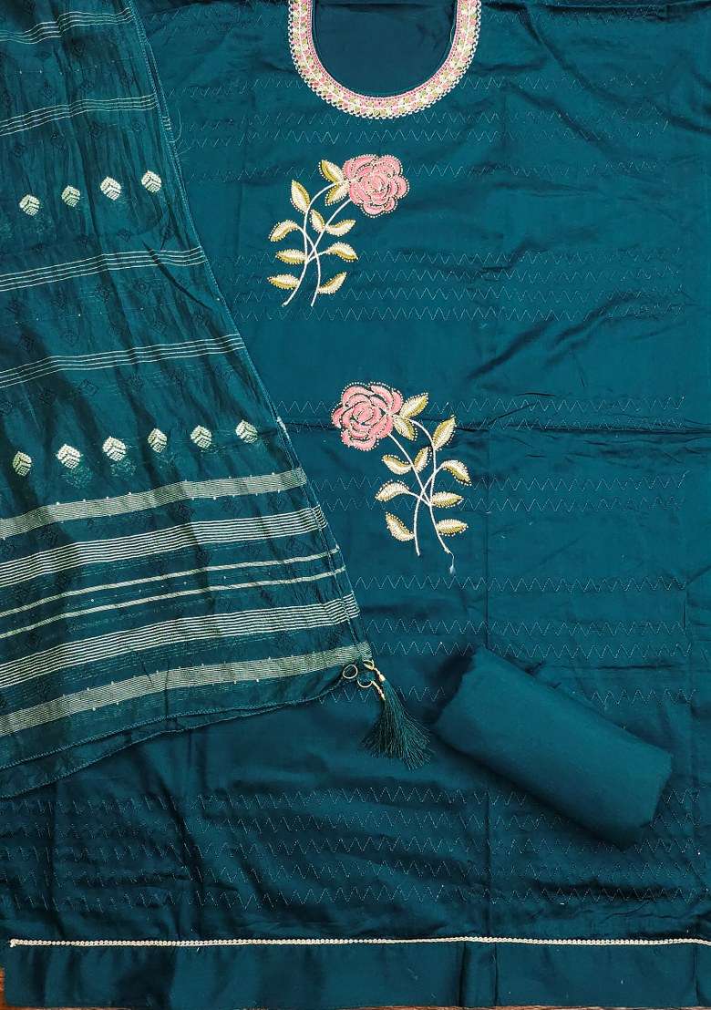 Teal Blue Embroidered Cotton Straight Kurta Set - Indya