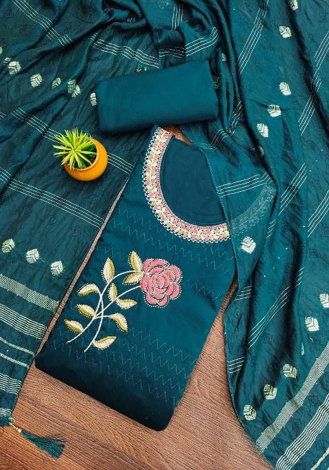 Teal Blue Embroidered Cotton Straight Kurta Set