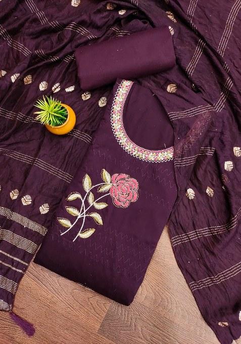 Voilet Embroidered Blended Straight Kurta Set