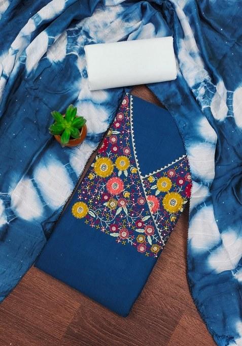 Blue Embroidered Blended Straight Kurta Set
