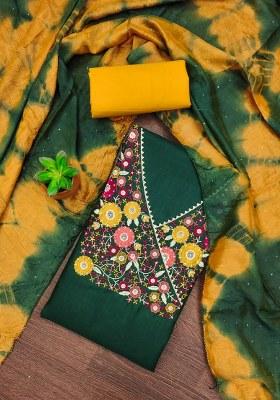 Green Embroidered Magic Slub Dress Material