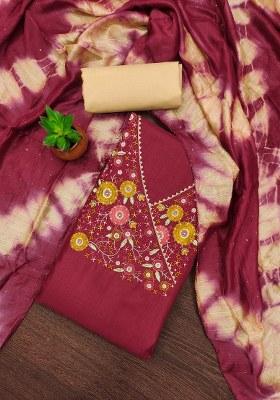 Maroon Embroidered Magic Slub Dress Material