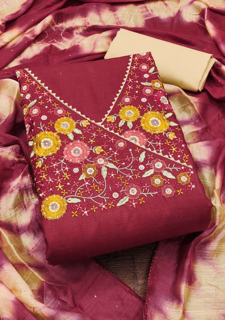 Maroon Embroidered Blended Straight Kurta Set - Indya