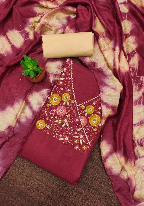 Maroon Embroidered Magic Slub Dress Material