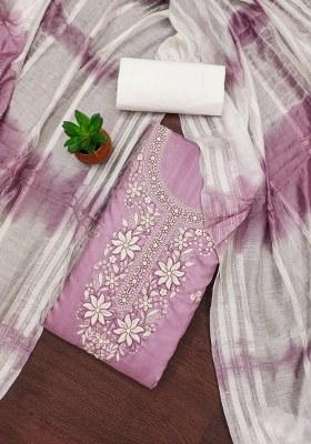 Lavender Embroidered Cotton Blend Dress Material