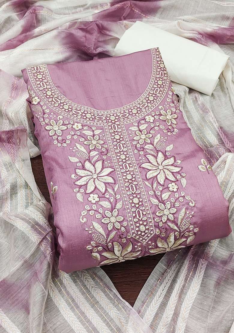 Lavender Embroidered Blended Straight Kurta Set - Indya