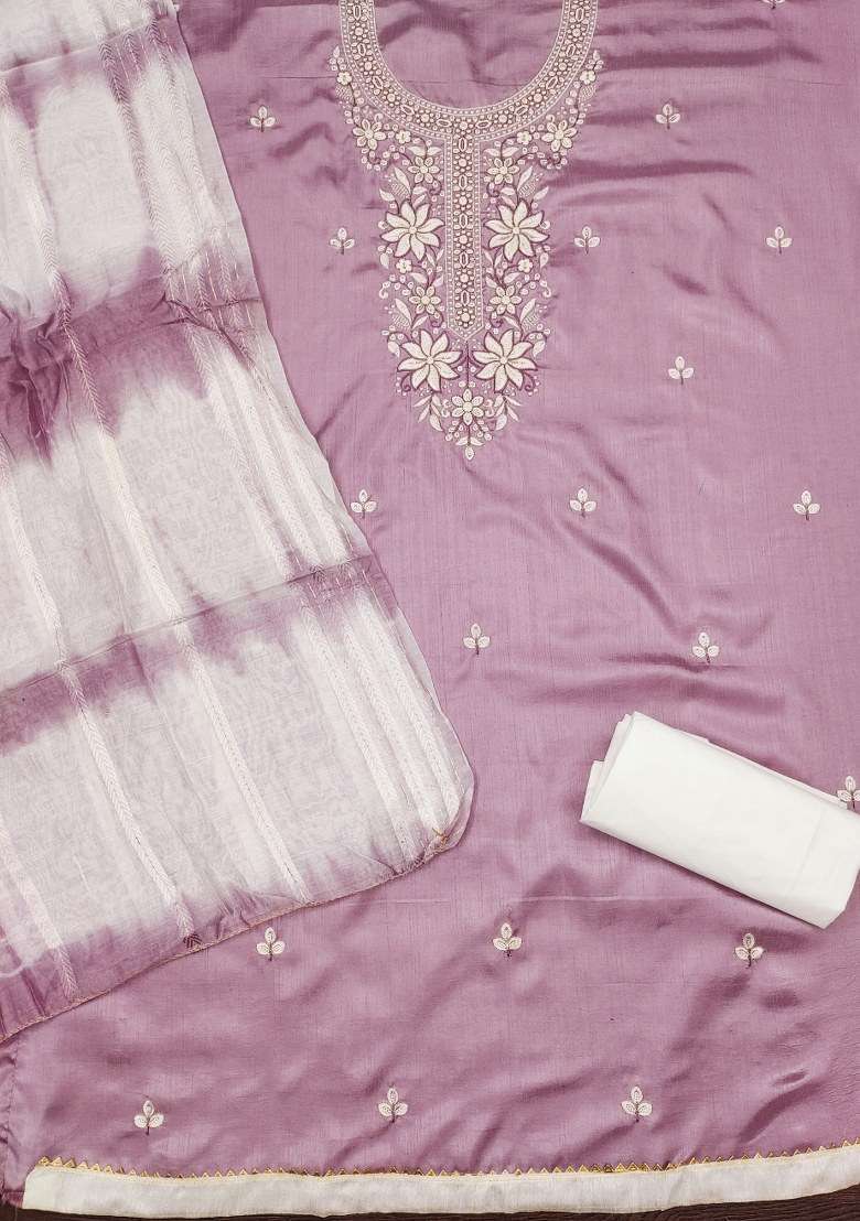 Lavender Embroidered Blended Straight Kurta Set - Indya