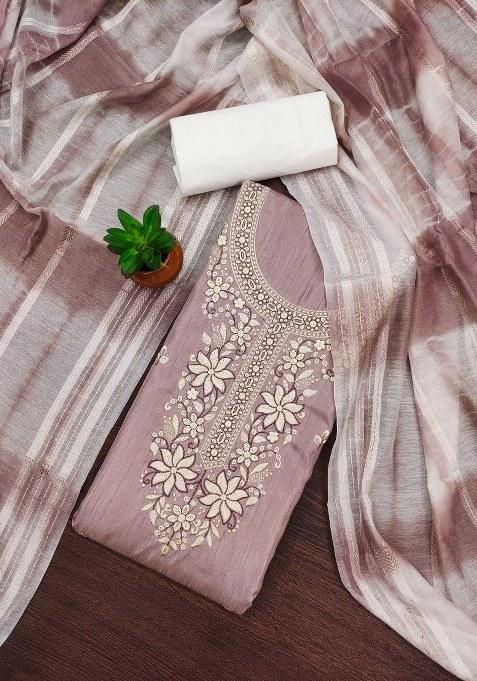 Purple Embroidered Cotton Blend Dress Material