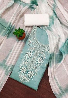 Sea Green Embroidered Cotton Blend Dress Material