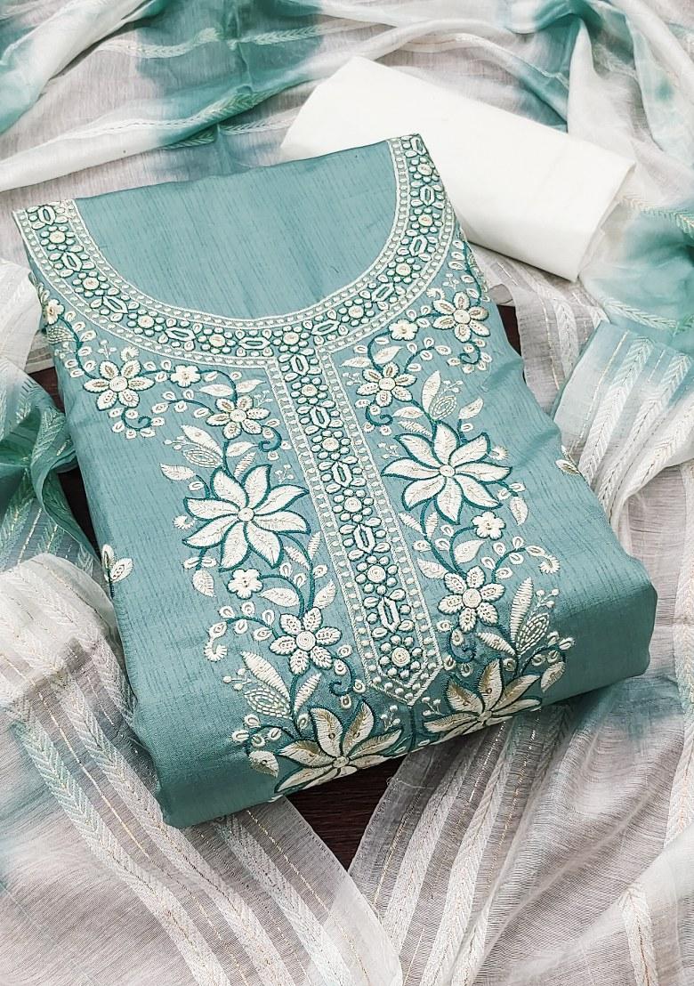 Sea Green Embroidered Cotton Blend Dress Material