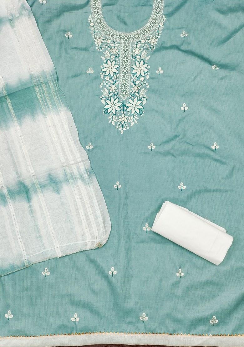 Sea Green Embroidered Cotton Blend Dress Material