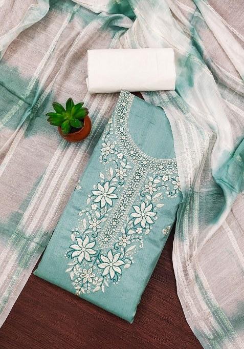 Sea Green Embroidered Cotton Blend Dress Material