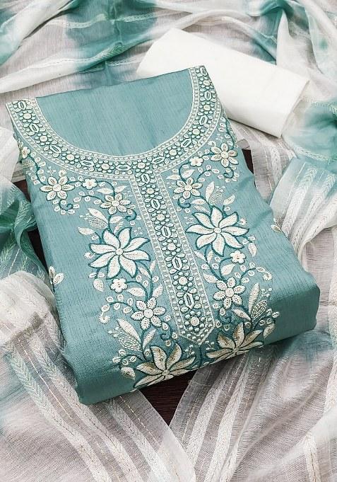 Sea Green Embroidered Cotton Blend Dress Material