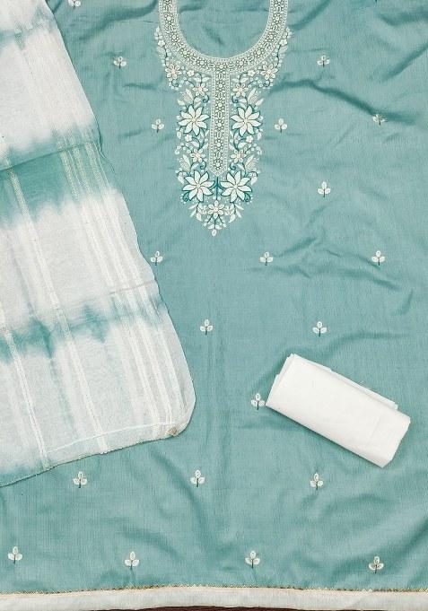Sea Green Embroidered Cotton Blend Dress Material