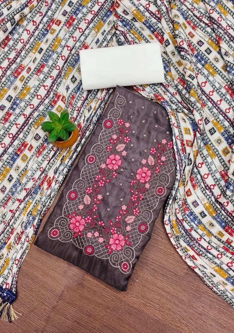 Grey Thread Work Blended Straight Kurta Set - Indya