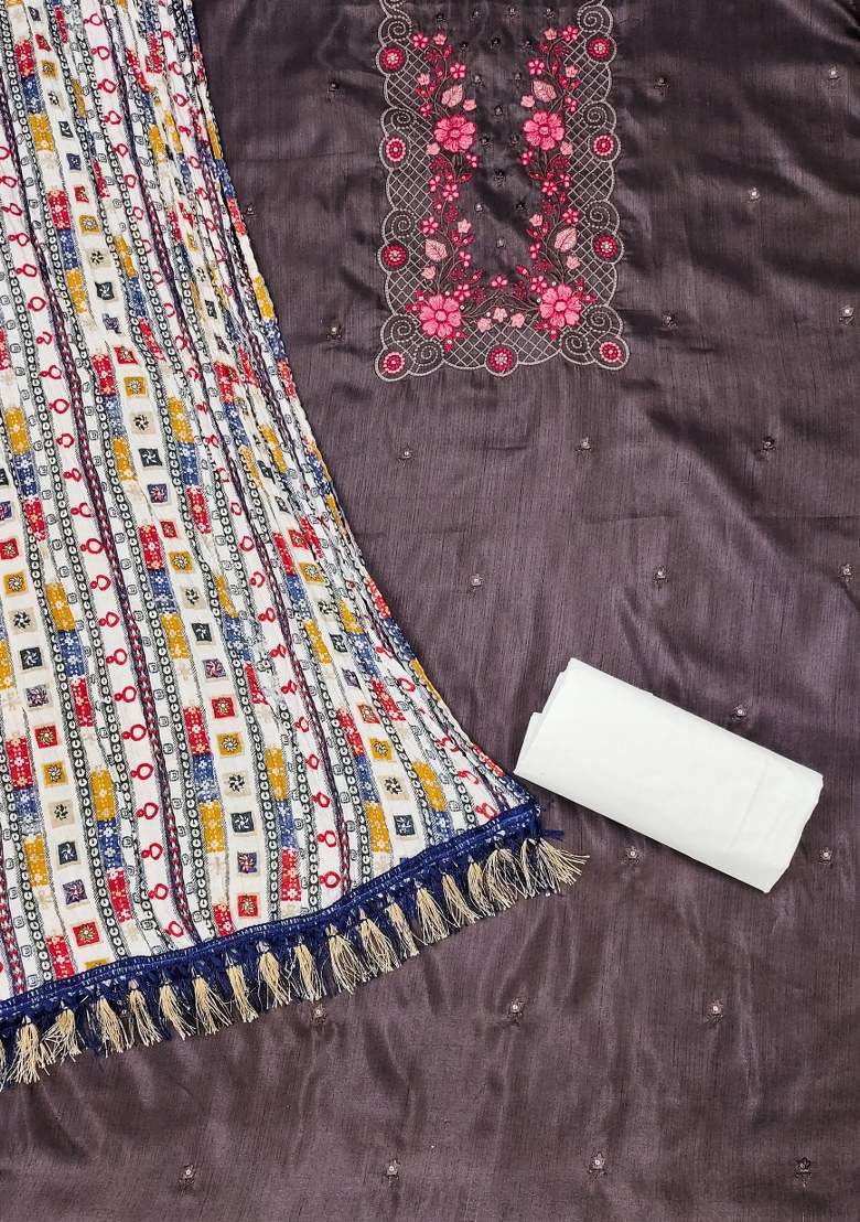 Grey Thread Work Blended Straight Kurta Set - Indya