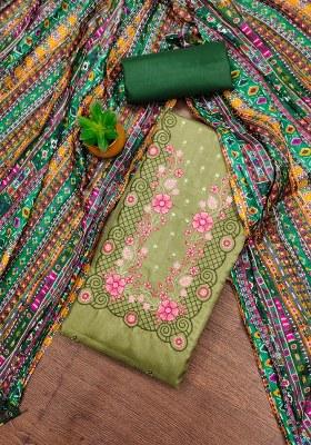 Light Green Embroidered Cotton Blend Dress Material