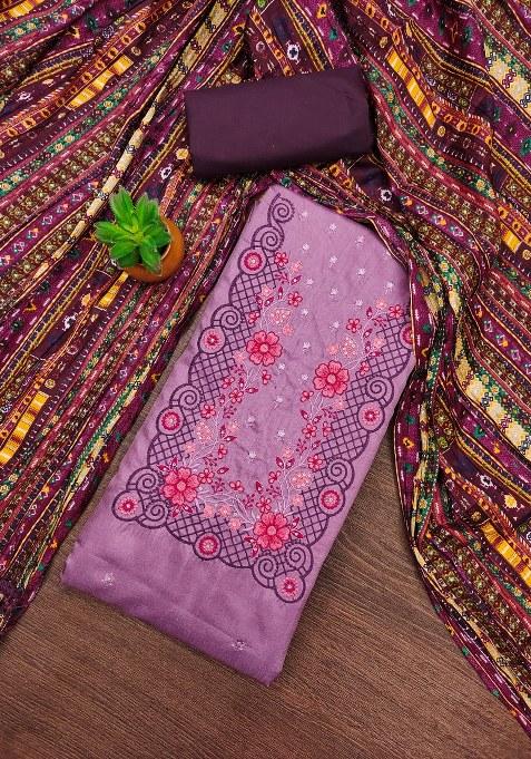 Purple Embroidered Blended Straight Kurta Set