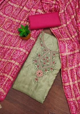 Olive Green Embroidered Cotton Blend Dress Material