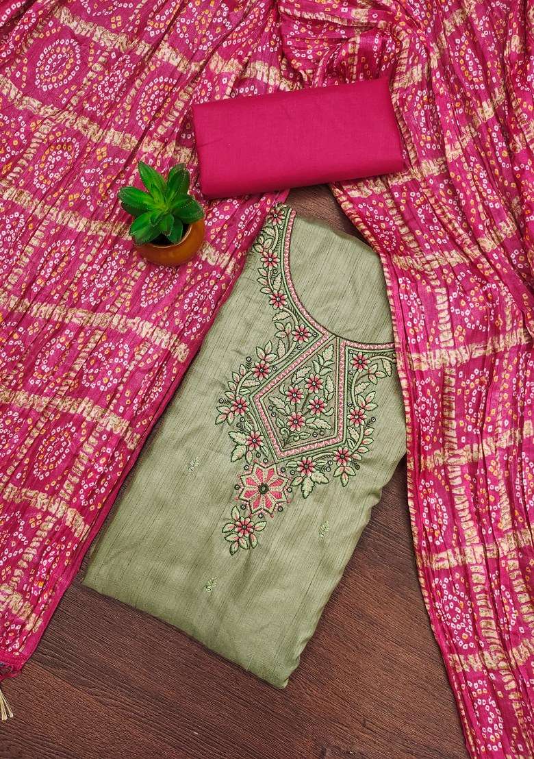 Olive Green Embroidered Cotton Straight Kurta Set - Indya