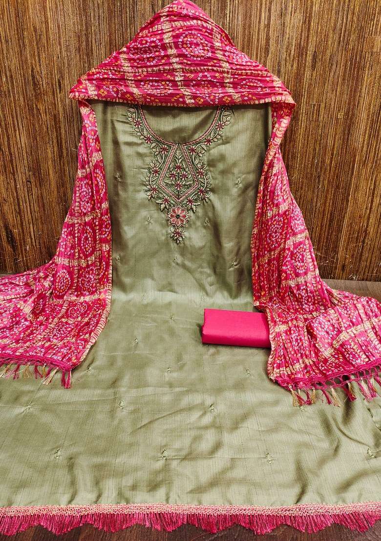 Olive Green Embroidered Cotton Straight Kurta Set - Indya