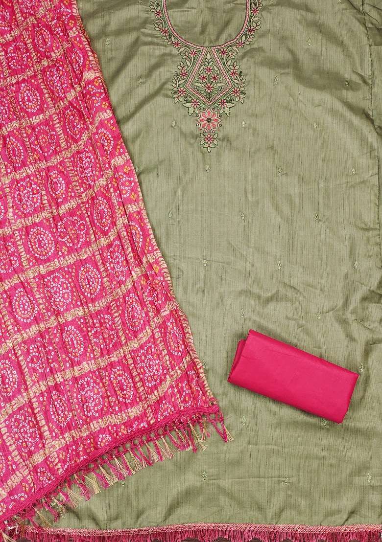 Olive Green Embroidered Cotton Straight Kurta Set - Indya