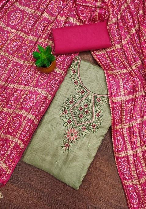 Olive Green Embroidered Cotton Straight Kurta Set