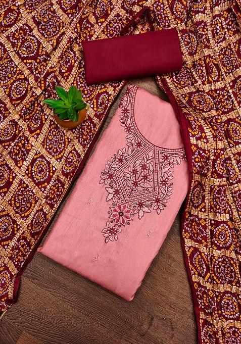 Pink Embroidered Blended Straight Kurta Set